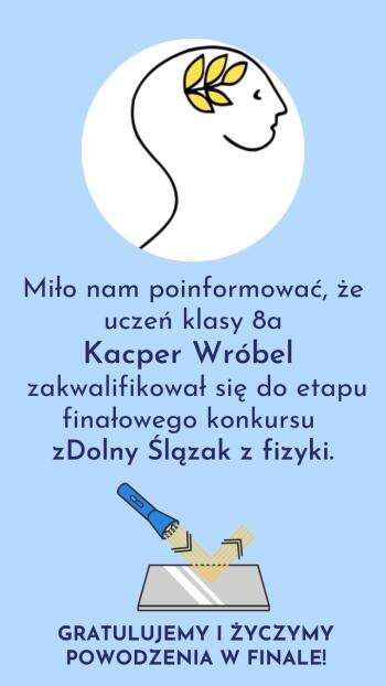 Miło nam poinformować, że Kacper Wróbel z kl. 8 a zakwalifikował się do etapu finałowego konkursu i zDolny Ślązak z fizyki..jpeg