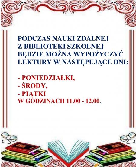 GODZINY PRACY BIBLIOTEKI SZKOLNEJ